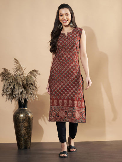 Maroon Floral Print Straight Cotton Kurta