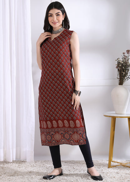 Maroon Floral Print Straight Cotton Kurta