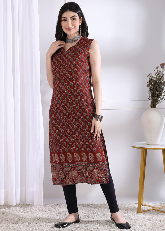 Maroon Floral Print Straight Cotton Kurta