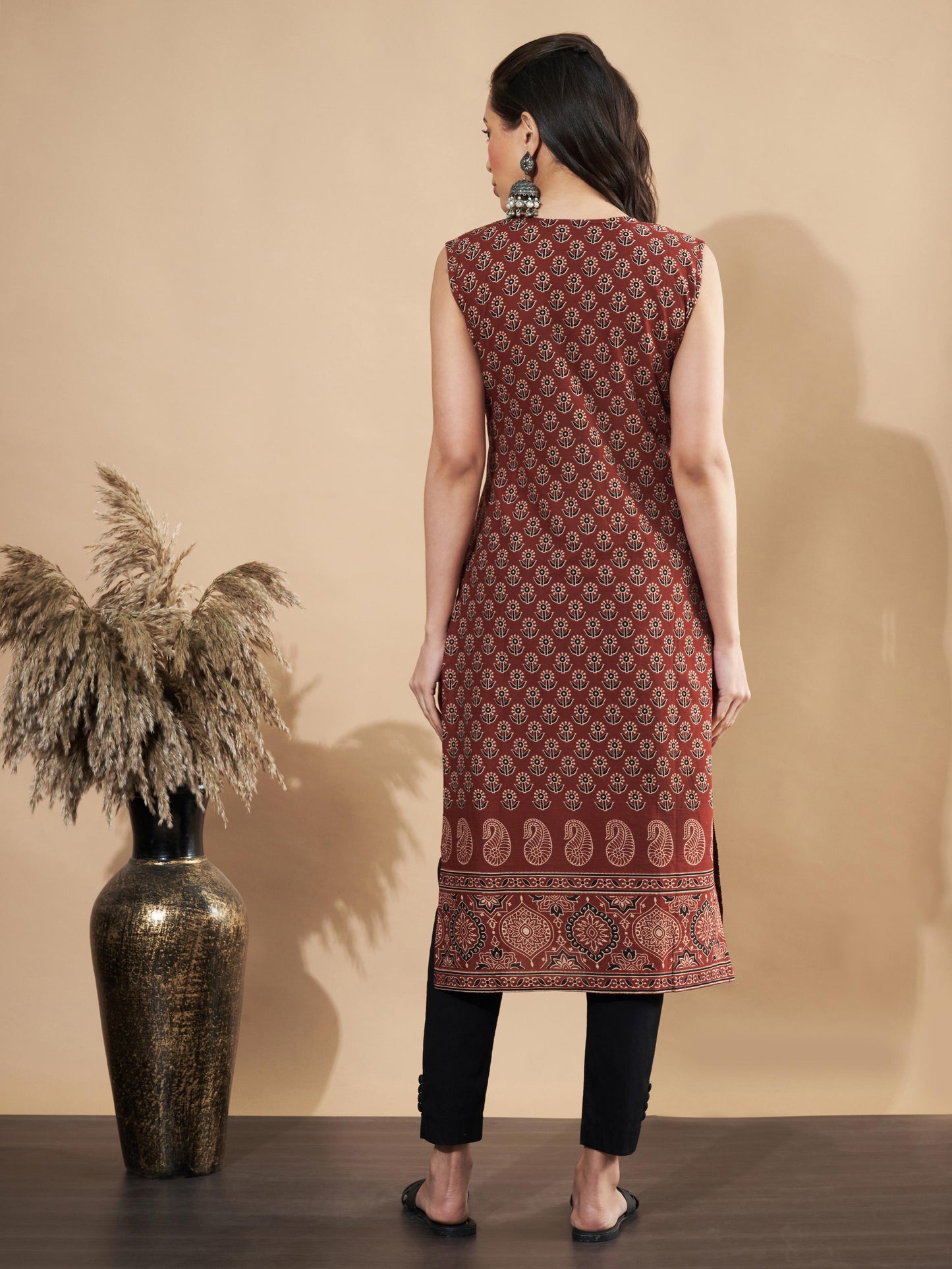 Maroon Floral Print Straight Cotton Kurta