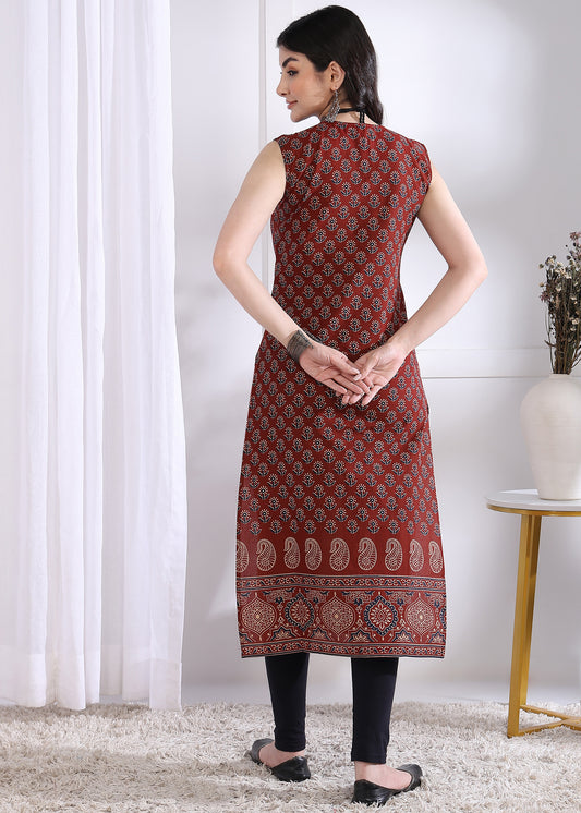 Maroon Floral Print Straight Cotton Kurta