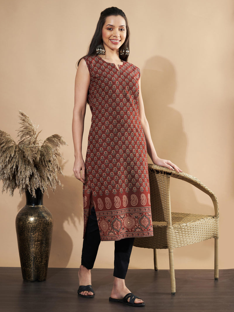 Maroon Floral Print Straight Cotton Kurta