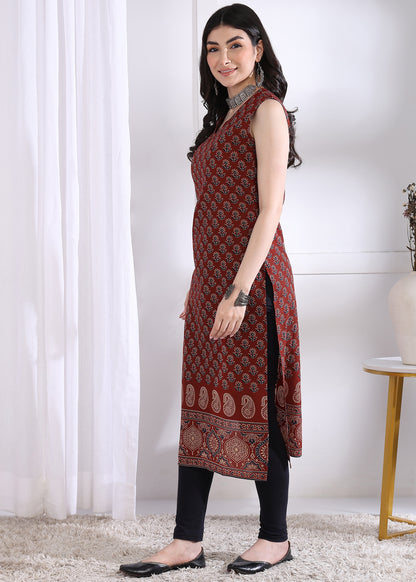 Maroon Floral Print Straight Cotton Kurta
