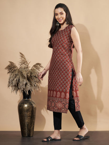 Maroon Floral Print Straight Cotton Kurta