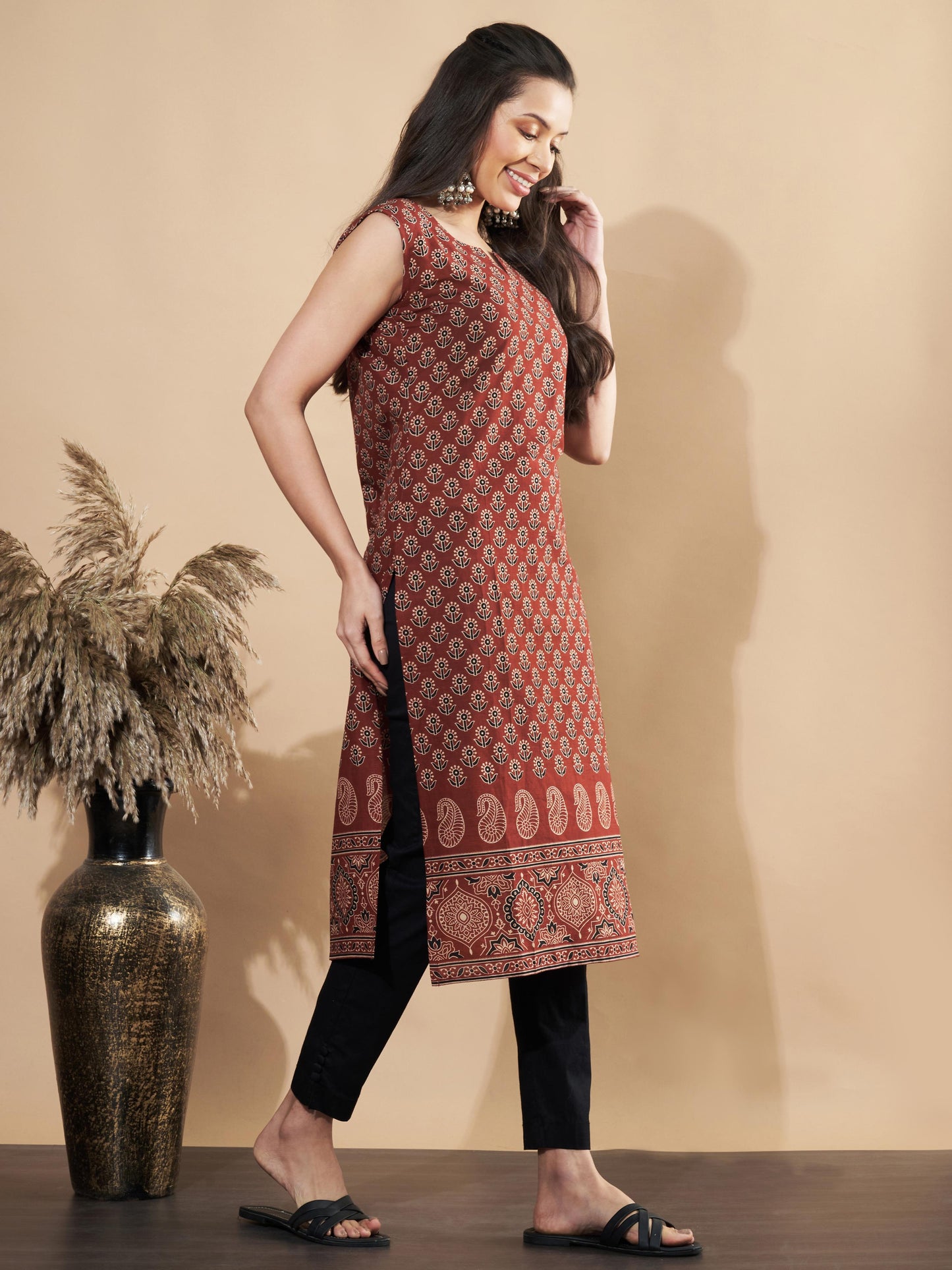 Maroon Floral Print Straight Cotton Kurta