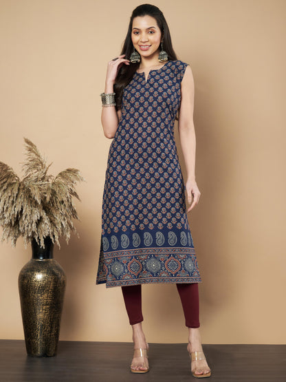 Navy Floral Print Straight Cotton Kurta