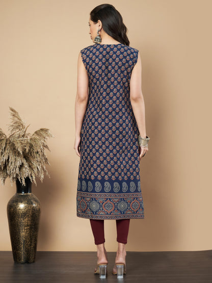 Navy Floral Print Straight Cotton Kurta