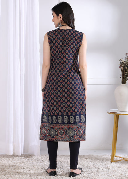 Navy Blue Floral Print Straight Cotton Kurta