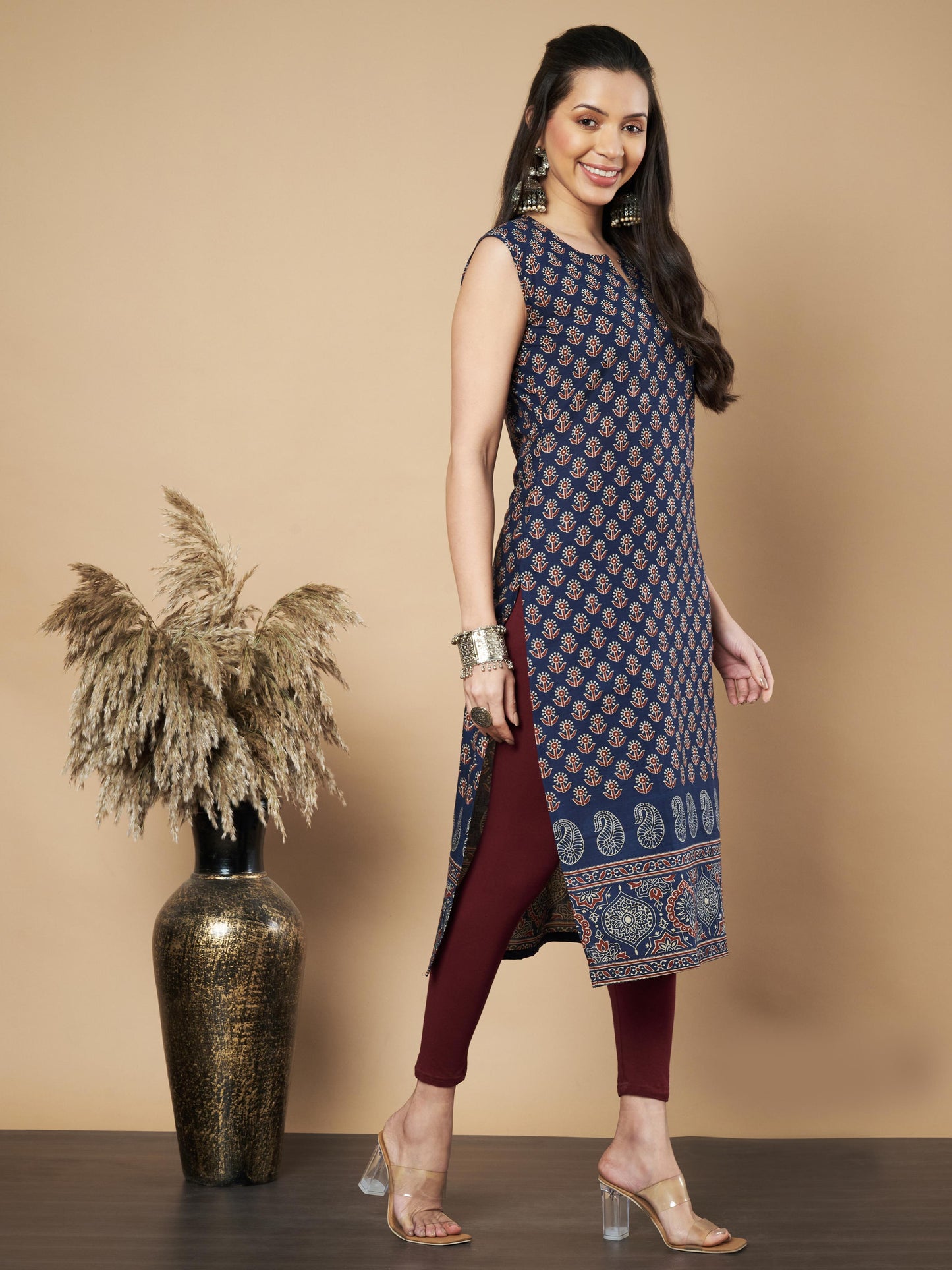 Navy Floral Print Straight Cotton Kurta