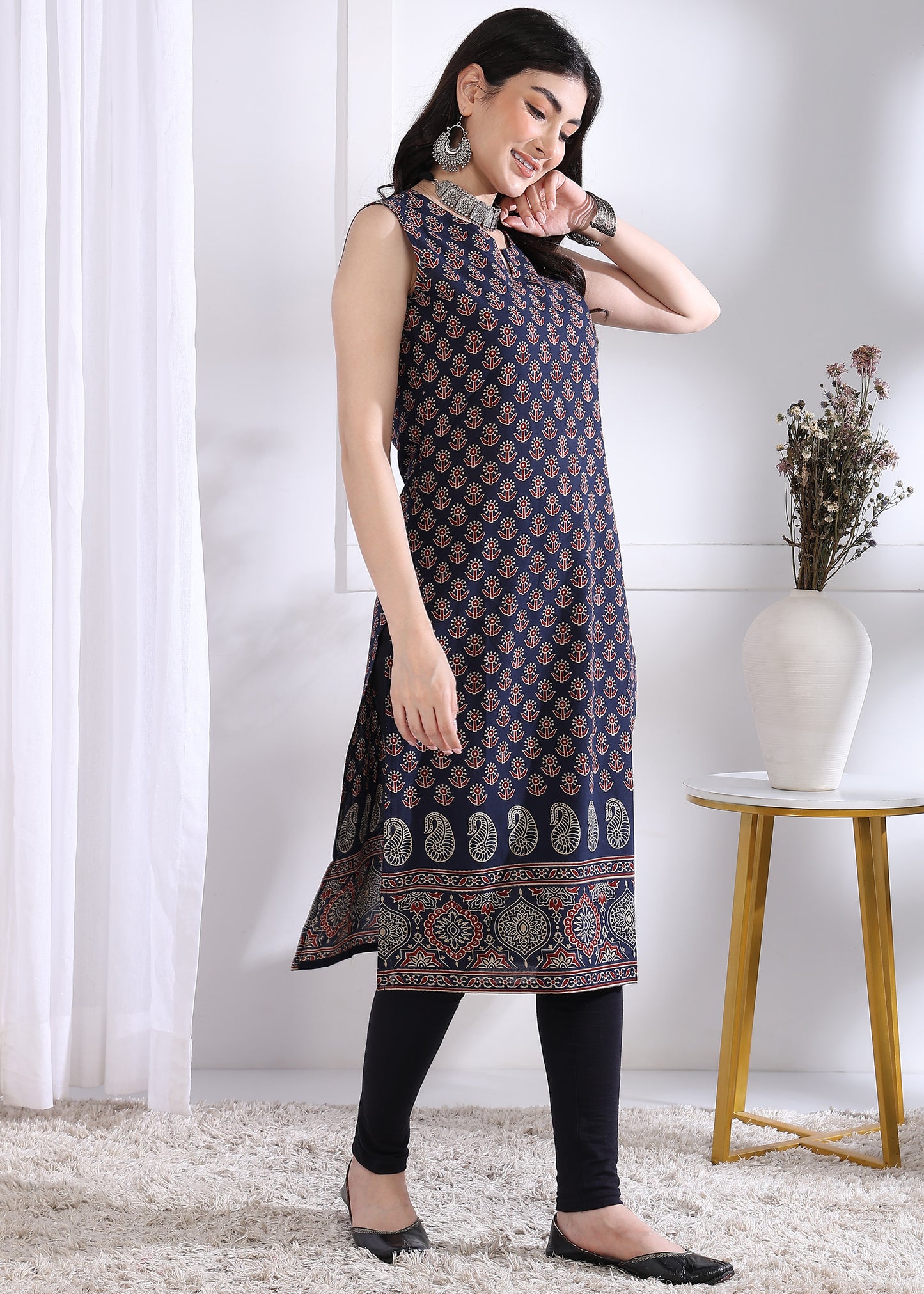 Navy Blue Floral Print Straight Cotton Kurta