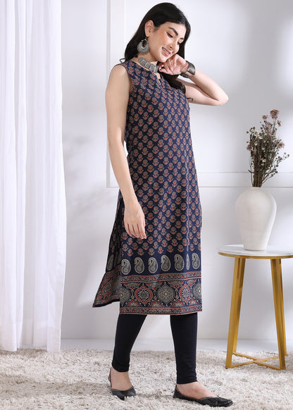 Navy Blue Floral Print Straight Cotton Kurta