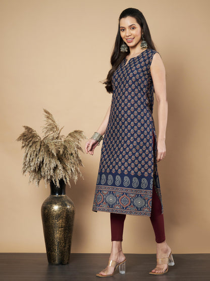 Navy Floral Print Straight Cotton Kurta