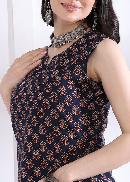 Navy Blue Floral Print Straight Cotton Kurta