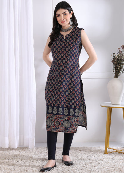 Navy Blue Floral Print Straight Cotton Kurta