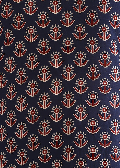 Navy Blue Floral Print Straight Cotton Kurta