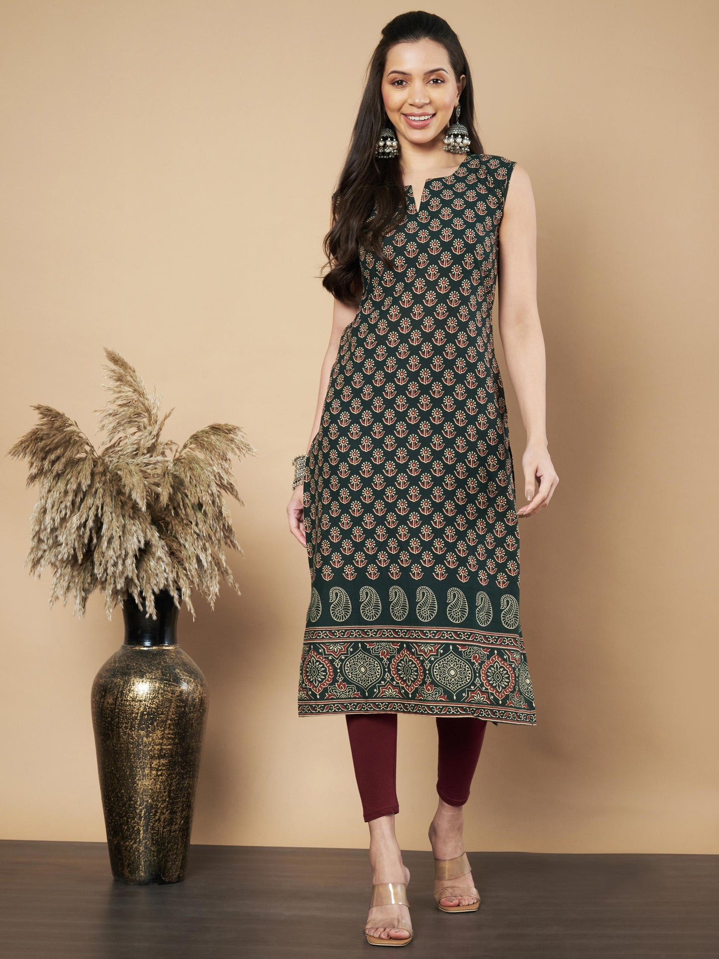 Green Floral Print Straight Cotton Kurta