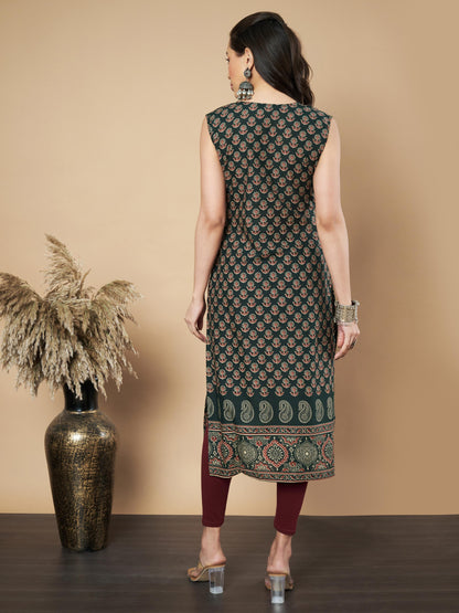 Green Floral Print Straight Cotton Kurta