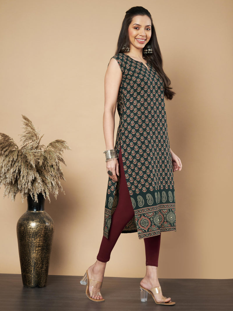 Green Floral Print Straight Cotton Kurta