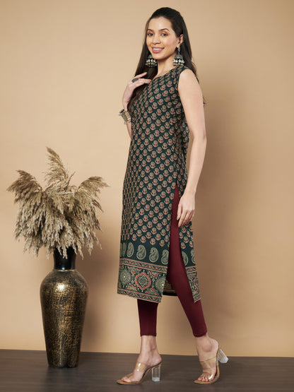 Green Floral Print Straight Cotton Kurta