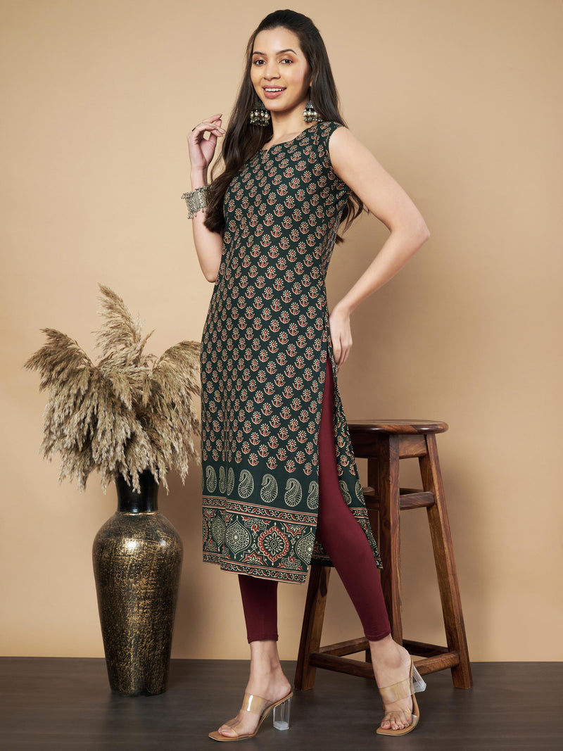 Green Floral Print Straight Cotton Kurta