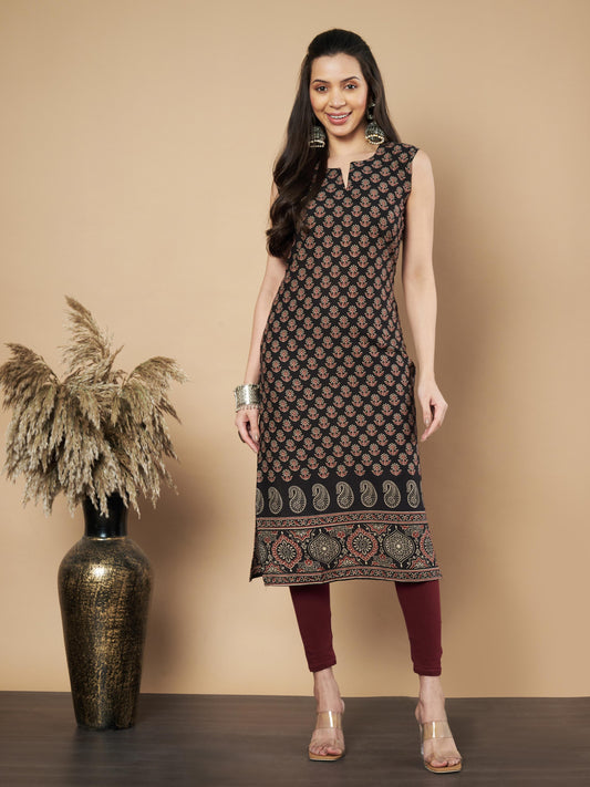 Black Floral Print Straight Cotton Kurta