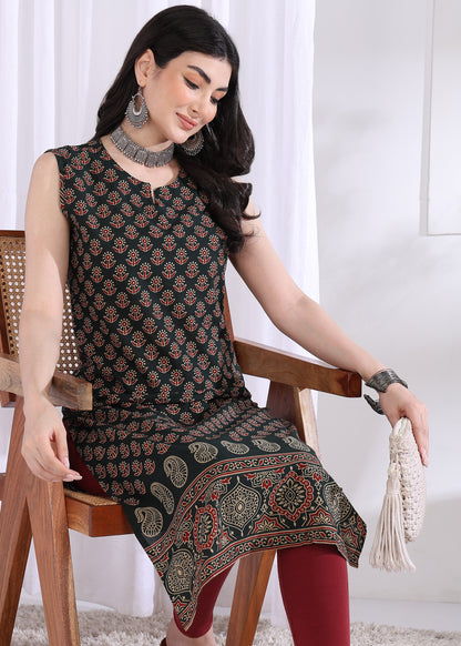 Black Floral Print Straight Cotton Kurta