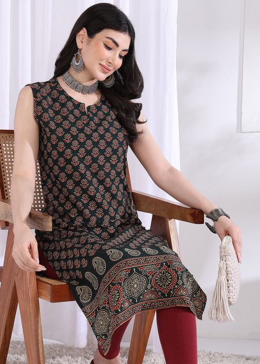 Black Floral Print Straight Cotton Kurta