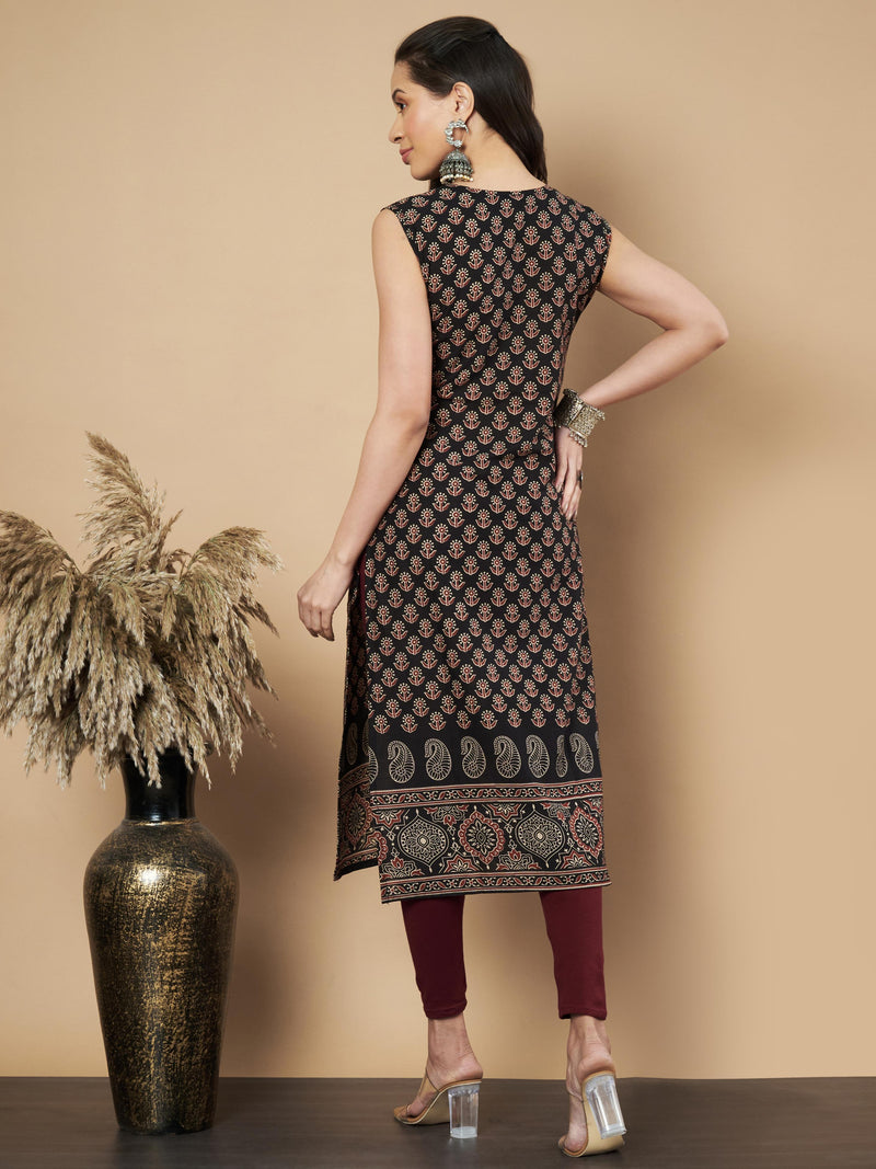 Black Floral Print Straight Cotton Kurta