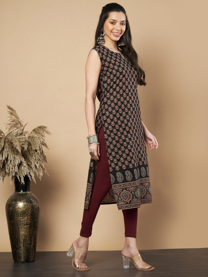 Black Floral Print Straight Cotton Kurta