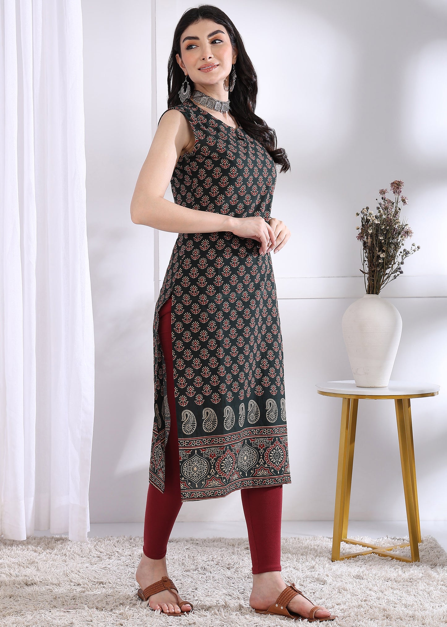 Black Floral Print Straight Cotton Kurta