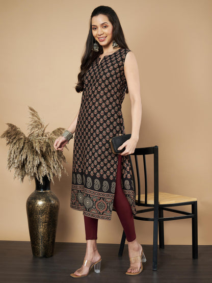 Black Floral Print Straight Cotton Kurta