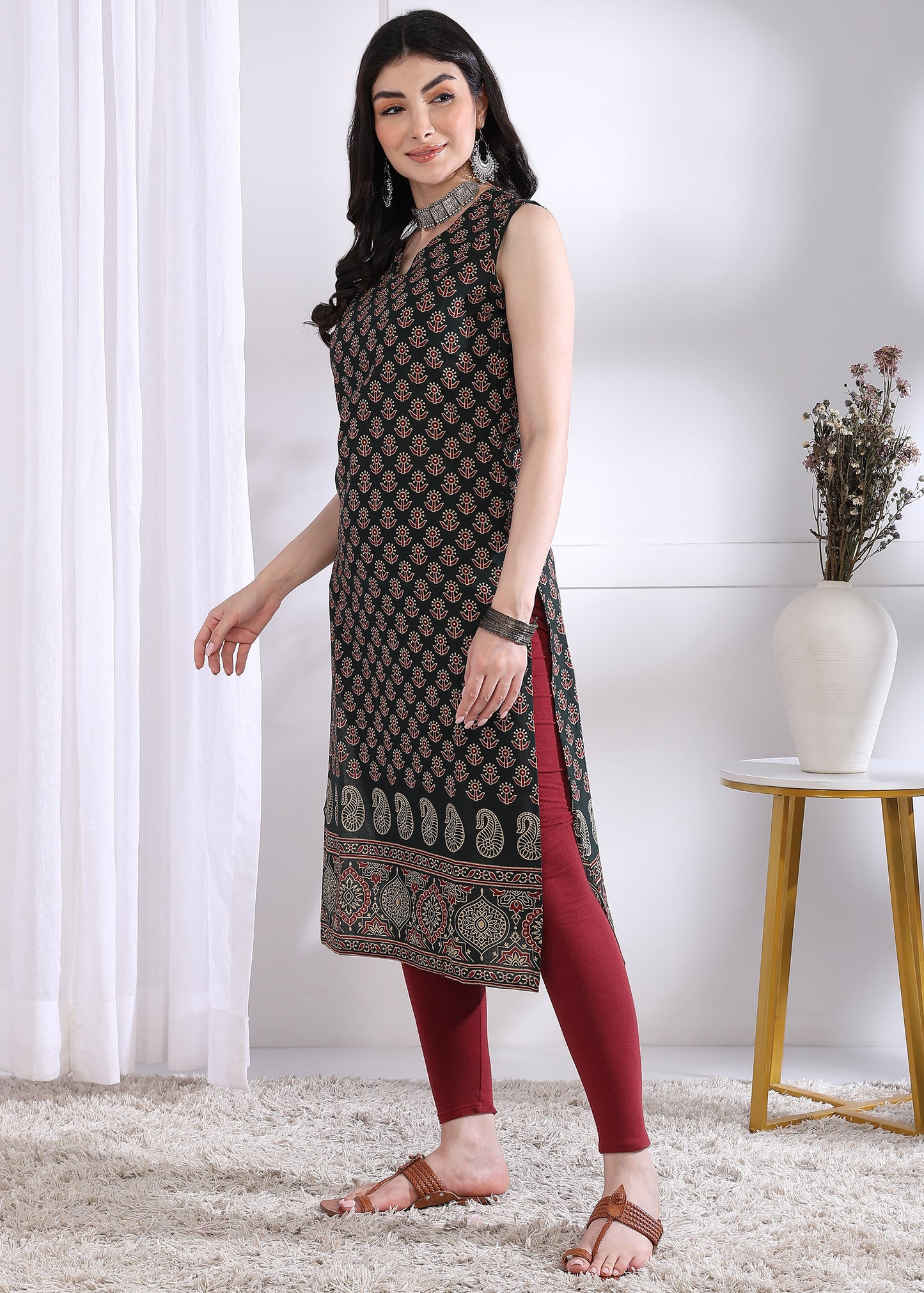 Black Floral Print Straight Cotton Kurta