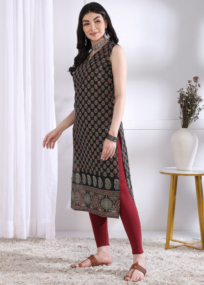 Black Floral Print Straight Cotton Kurta
