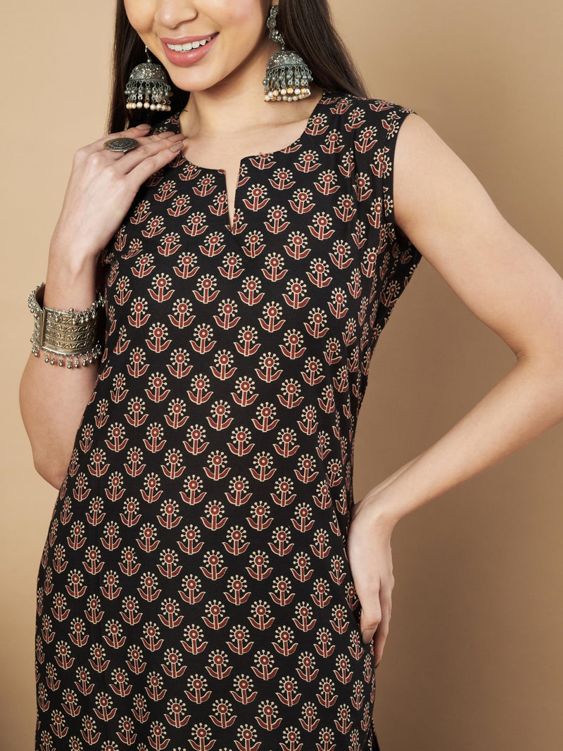 Black Floral Print Straight Cotton Kurta