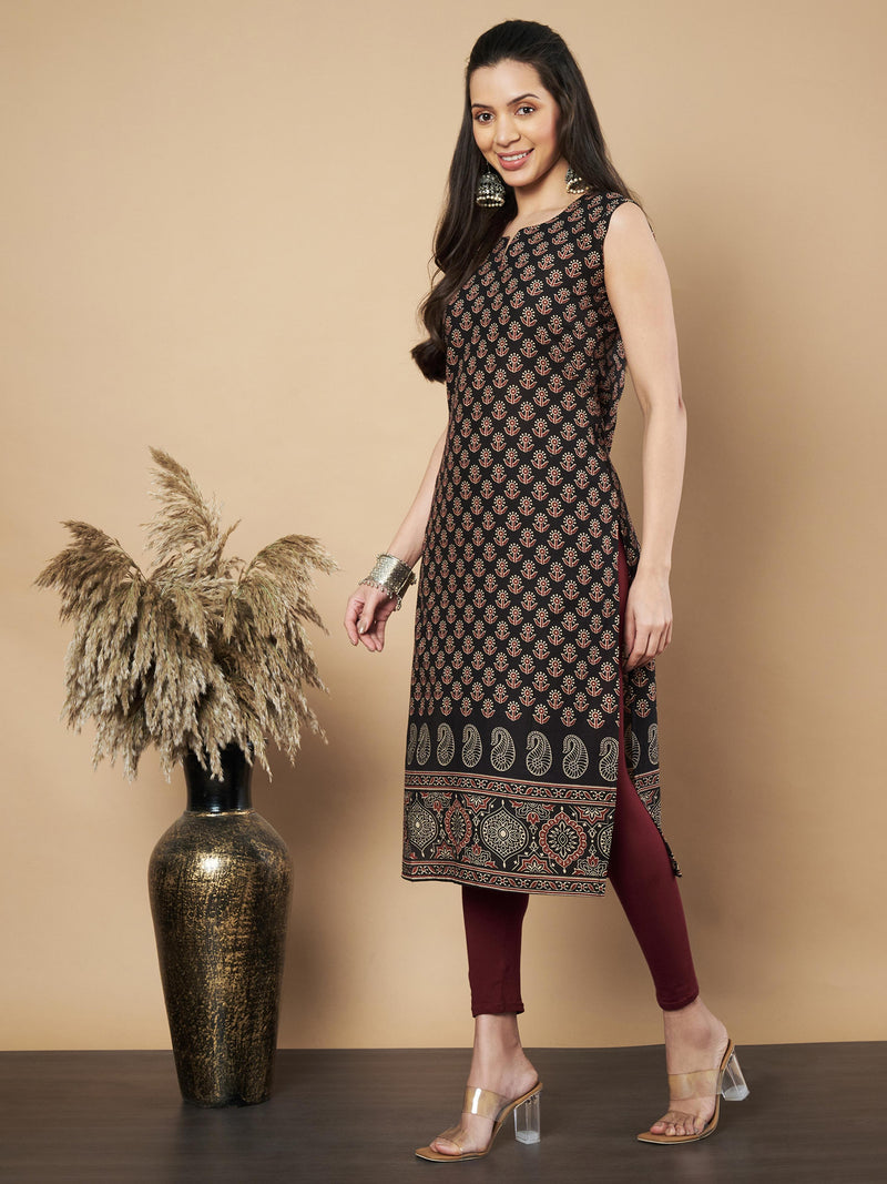 Black Floral Print Straight Cotton Kurta