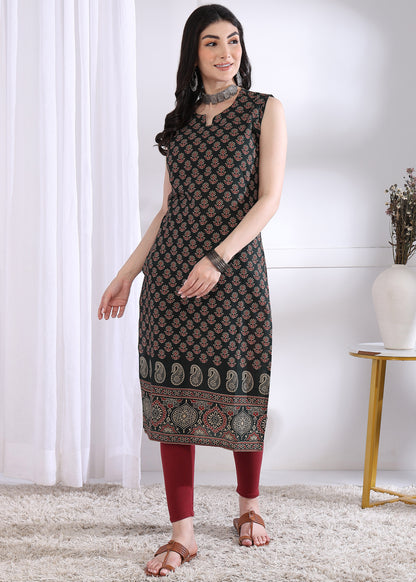 Black Floral Print Straight Cotton Kurta