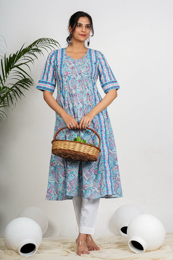 Sky Blue Paisley Print Anarkali Cotton Kurta