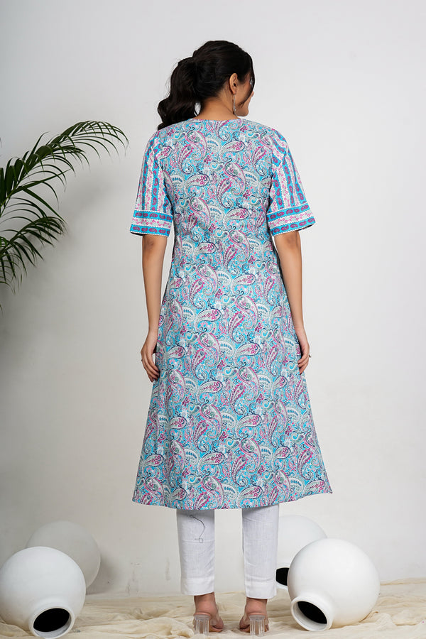 Sky Blue Paisley Print Anarkali Cotton Kurta