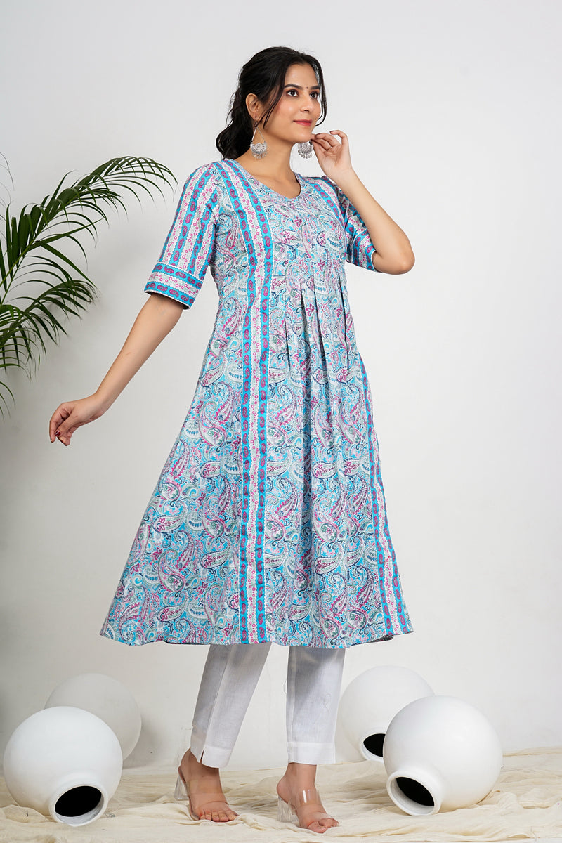 Sky Blue Paisley Print Anarkali Cotton Kurta