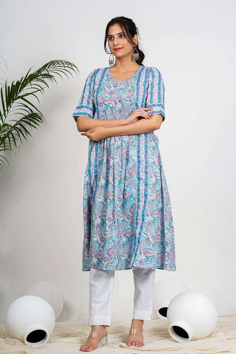 Sky Blue Paisley Print Anarkali Cotton Kurta