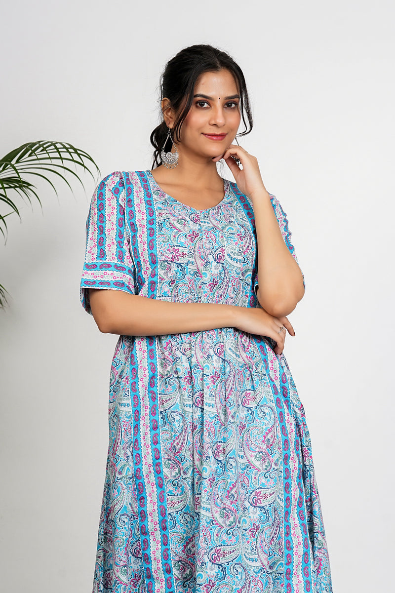 Sky Blue Paisley Print Anarkali Cotton Kurta