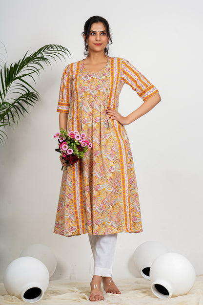 Yellow Paisley Print Anarkali Cotton Kurta