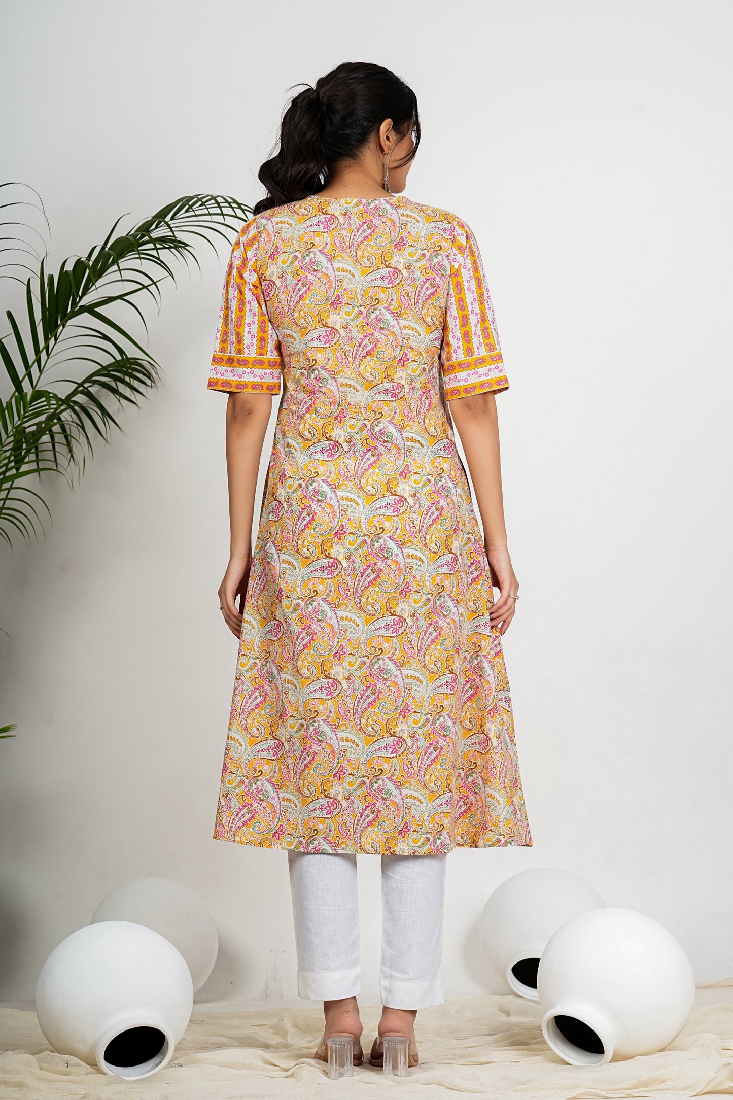 Yellow Paisley Print Anarkali Cotton Kurta