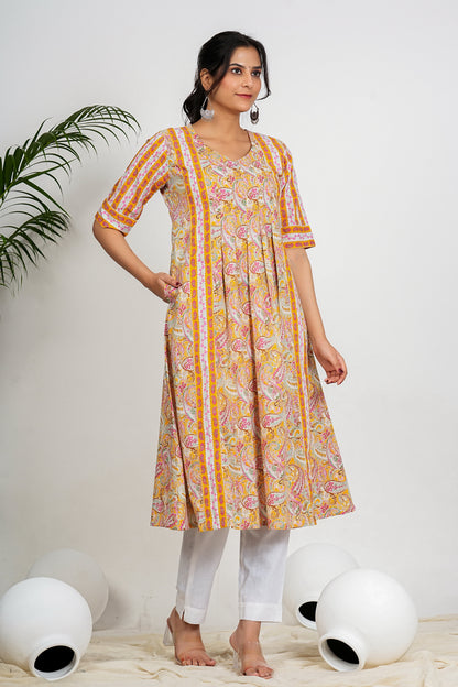 Yellow Paisley Print Anarkali Cotton Kurta