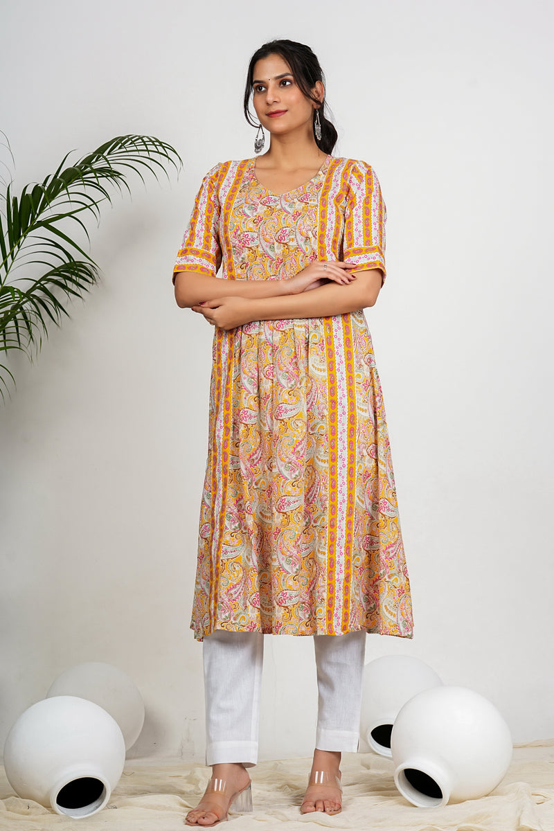 Yellow Paisley Print Anarkali Cotton Kurta