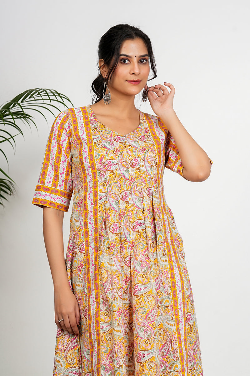 Yellow Paisley Print Anarkali Cotton Kurta