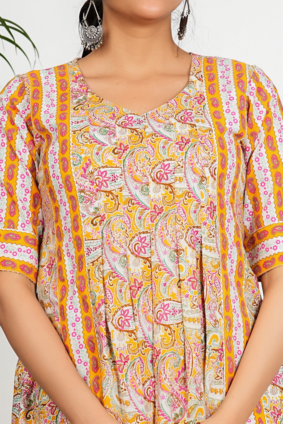 Yellow Paisley Print Anarkali Cotton Kurta