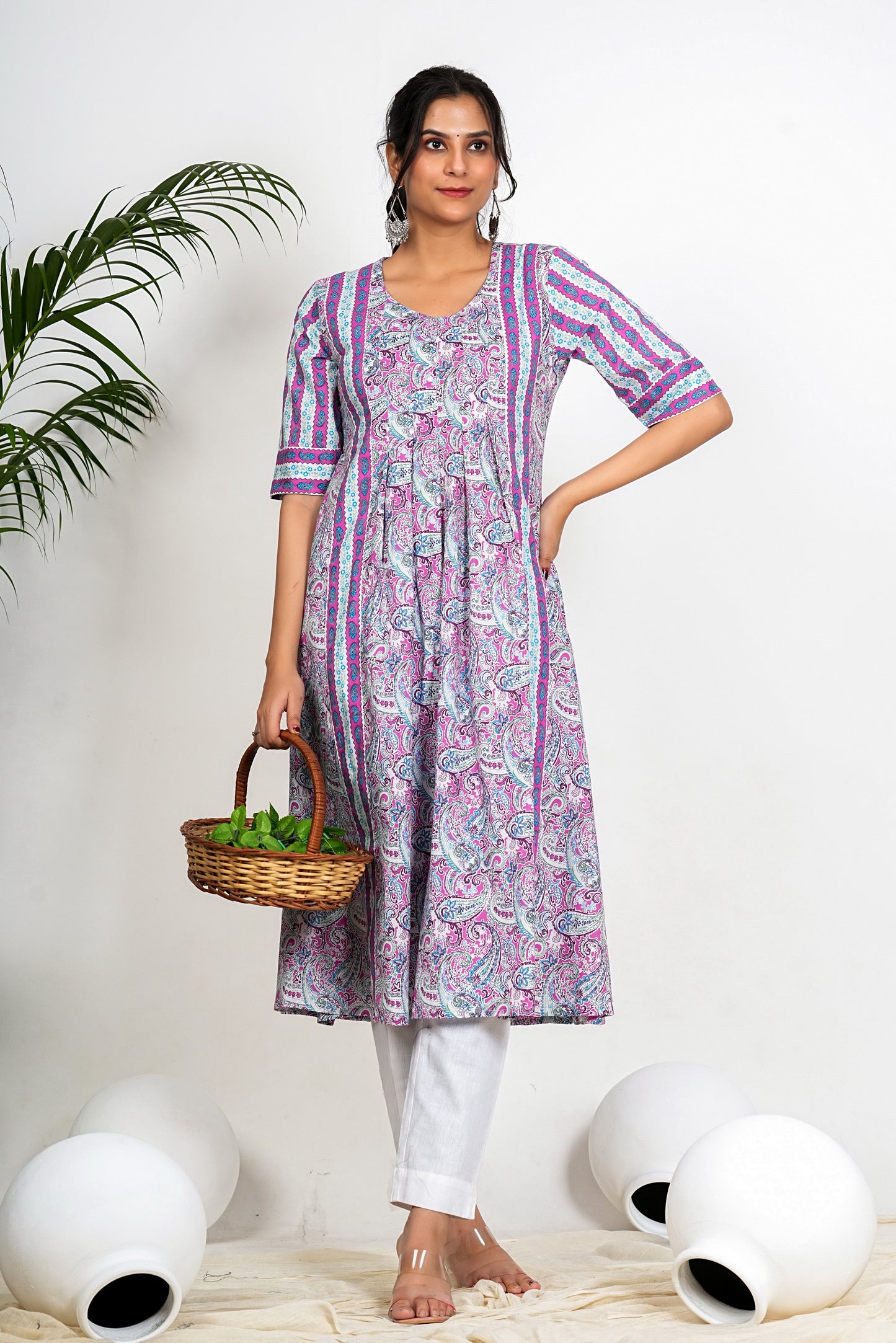 Purple Paisley Print Anarkali Cotton Kurta