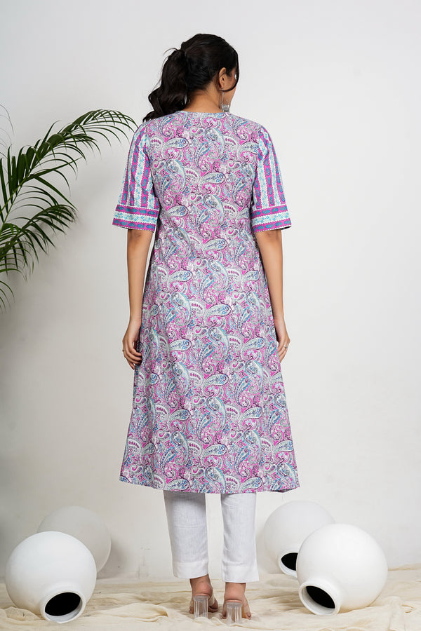 Purple Paisley Print Anarkali Cotton Kurta