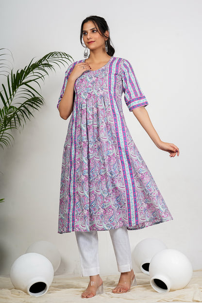 Purple Paisley Print Anarkali Cotton Kurta